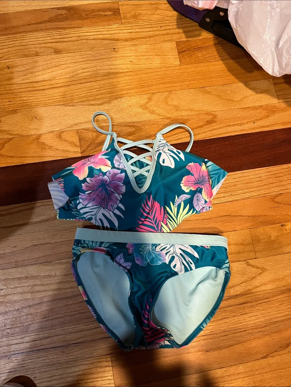 Girls Teal Tropical Floral Two-Piece Swim Set